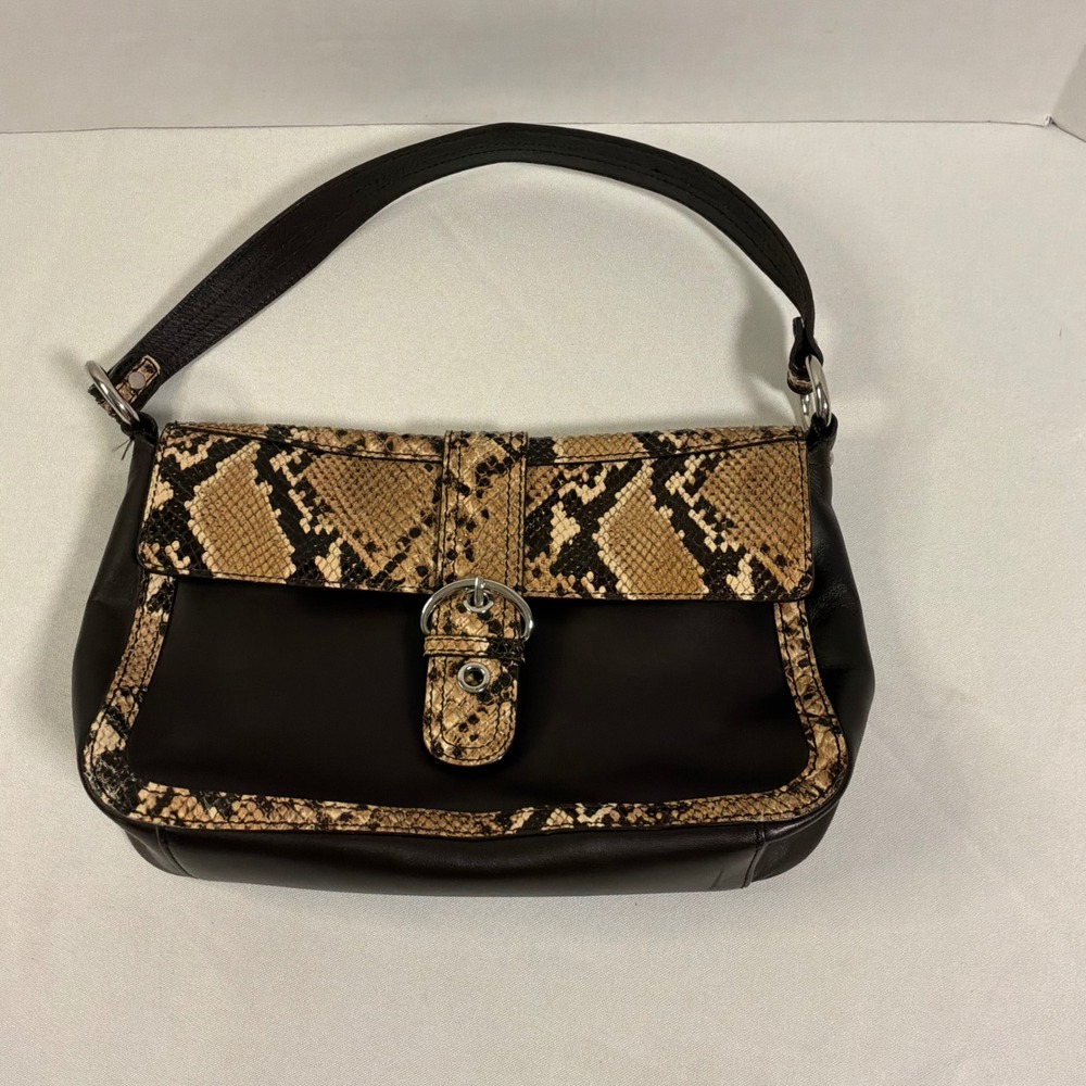 Talbots Shoulder Bag Medium Brown Snakeskin Embossed Leather Buckle Baguette